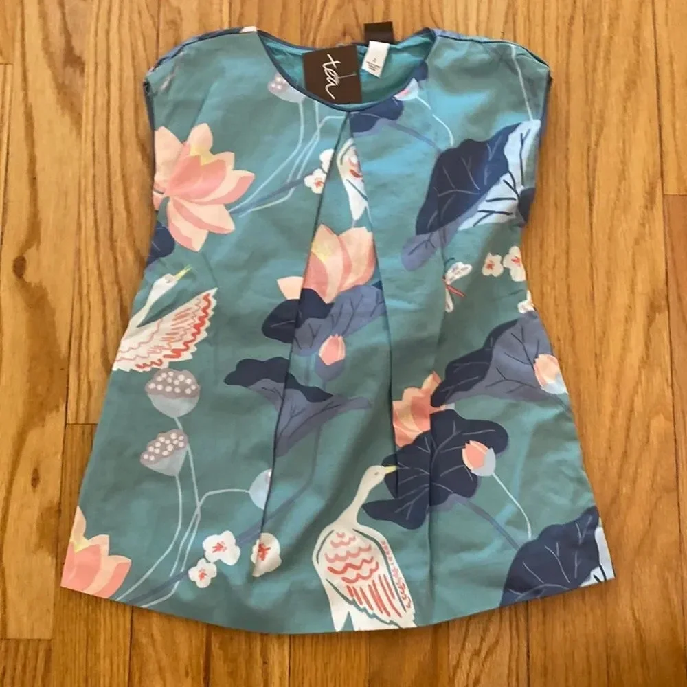 Tea Collection sz 2T blue pink white water lily and crane dress NWT cotton